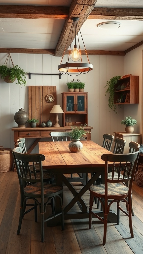 A rustic dining room with a wooden table and mixed chairs, featuring exposed beams and decorative plants.