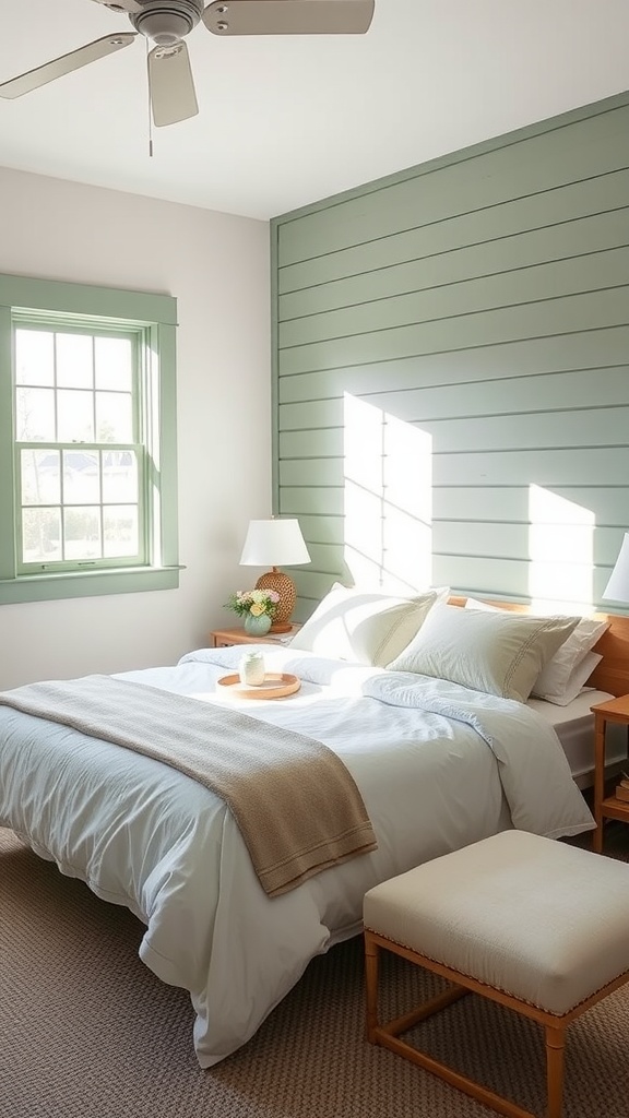 A cozy bedroom featuring sage green shiplap accents on the wall, with white bedding and natural light.