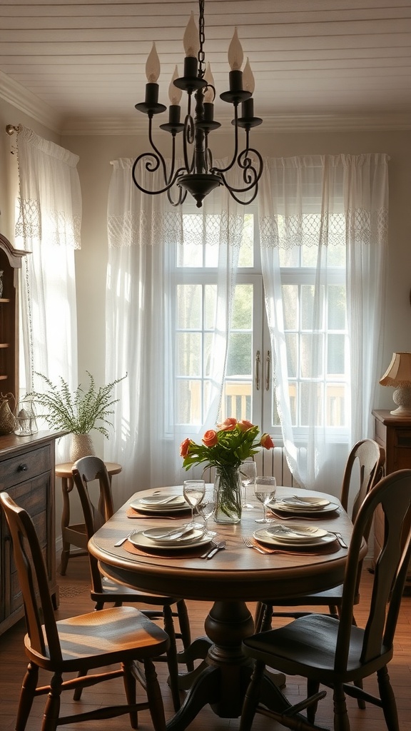 Dining room with sheer lace curtains, wooden table, and a flower vase