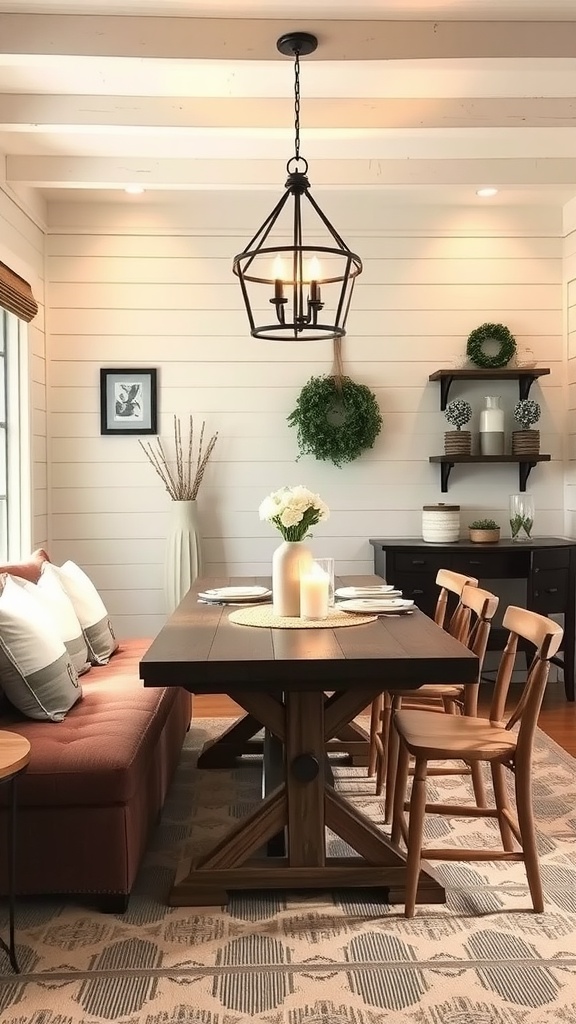 A farmhouse dining room featuring shiplap walls, a wooden dining table, and cozy seating.