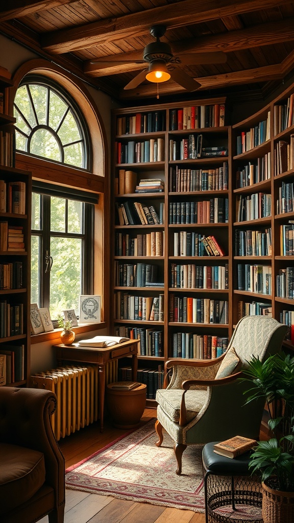 A cozy rustic home library with wooden shelves, a comfortable chair, and warm lighting