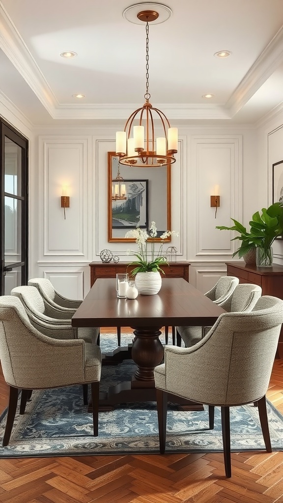 A dining area featuring a wooden table, upholstered chairs, and elegant lighting, showcasing transitional decor ideas.