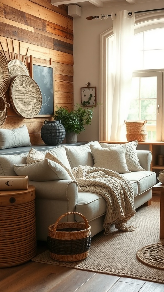 Cozy rustic farmhouse living room with wooden walls, soft sofa, and woven decor