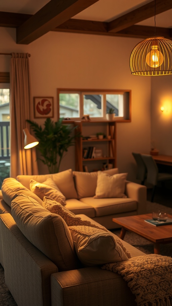 Cozy living room with warm lighting, featuring a sofa, wooden beams, and a woven pendant lamp.