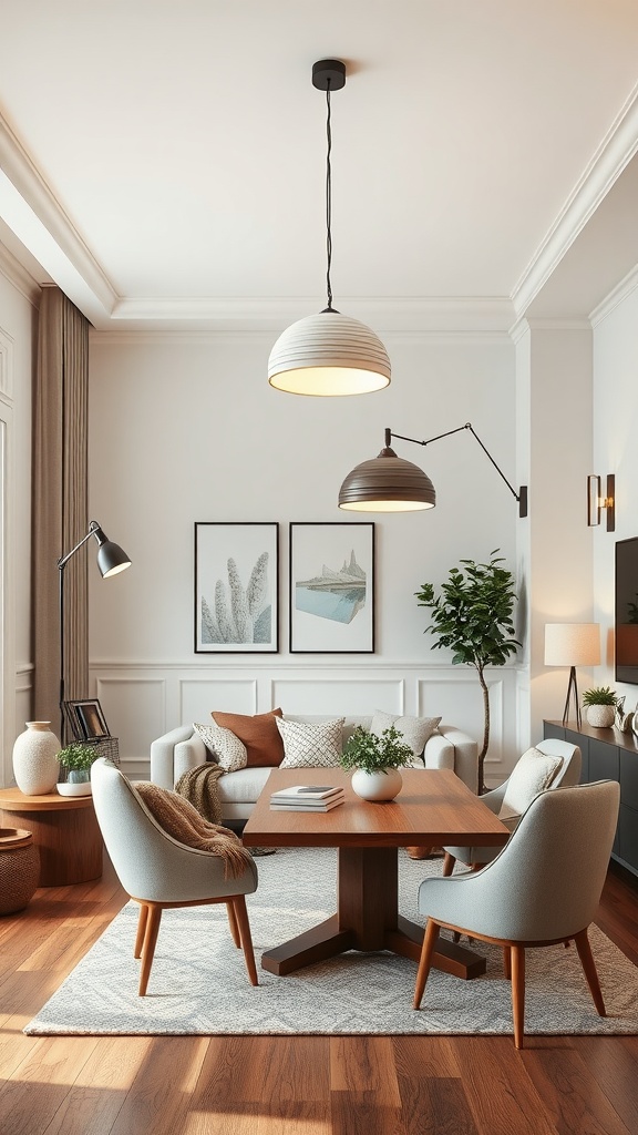 A stylish living room-dining room combo with various lighting fixtures, including pendant and floor lamps.