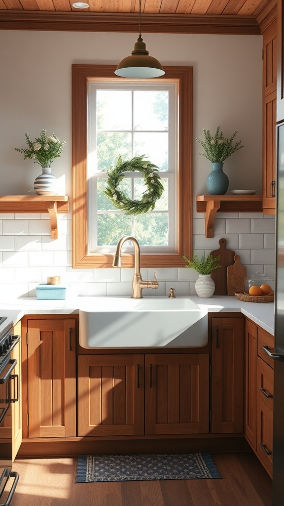 A modern farmhouse kitchen featuring an apron front sink, wooden cabinetry, and decorative elements.