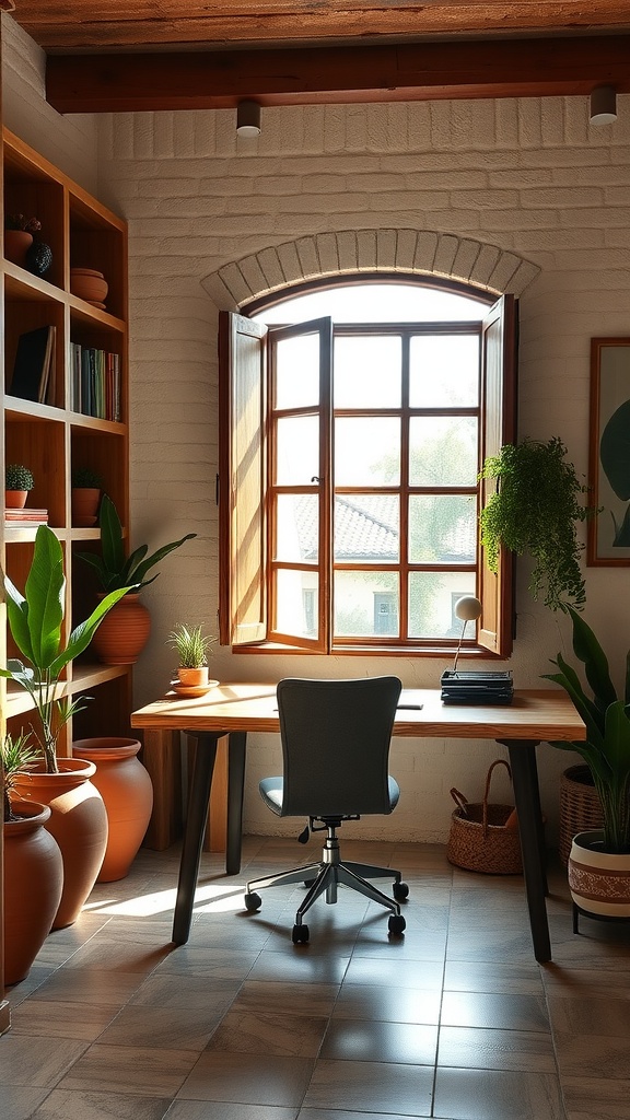 A cozy Mediterranean style office with a wooden desk, arched window, and potted plants.