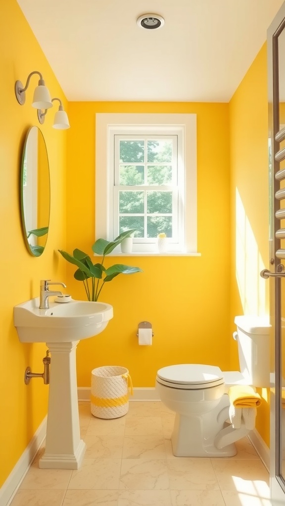 A bright bathroom painted in banana yellow with white fixtures and a small green plant.