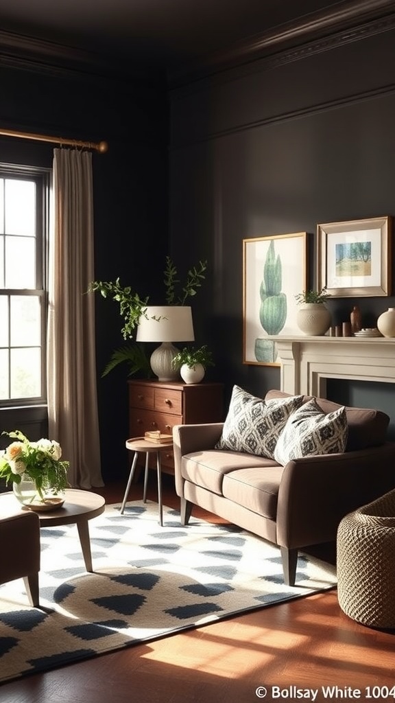 A cozy dark room featuring Benjamin Moore Swiss Coffee walls with stylish furniture and decor.