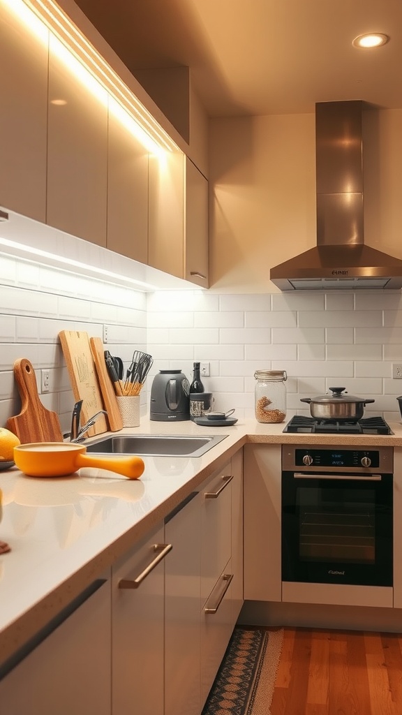 Modern kitchen with bright LED strip lights under cabinets
