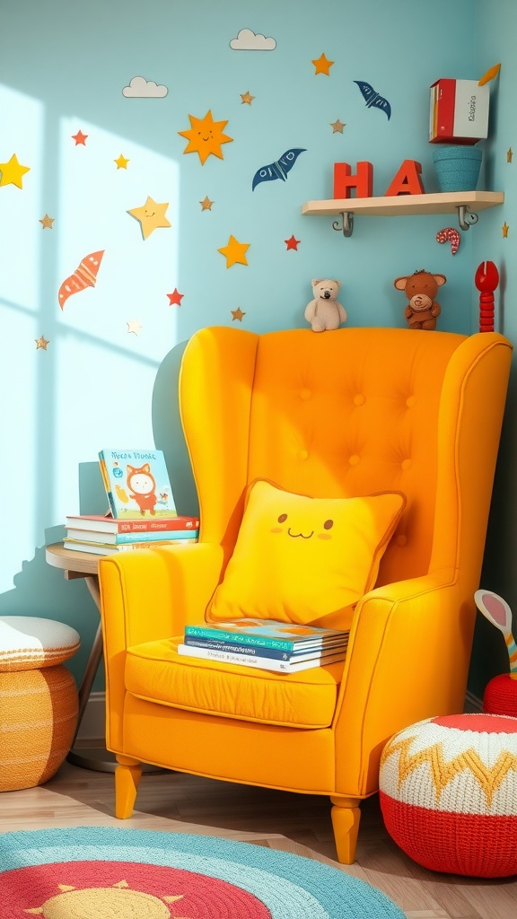 A bright yellow reading chair in a colorful room with stuffed animals and books on a small table.