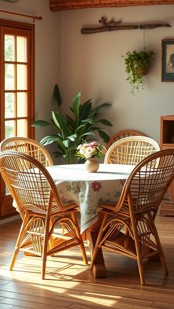 A cozy dining room featuring rattan chairs around a round table with a floral tablecloth.