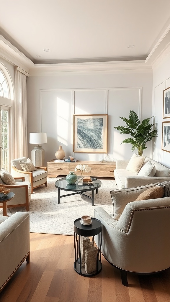 A stylish family room featuring neutral colors, comfortable seating, and natural light.