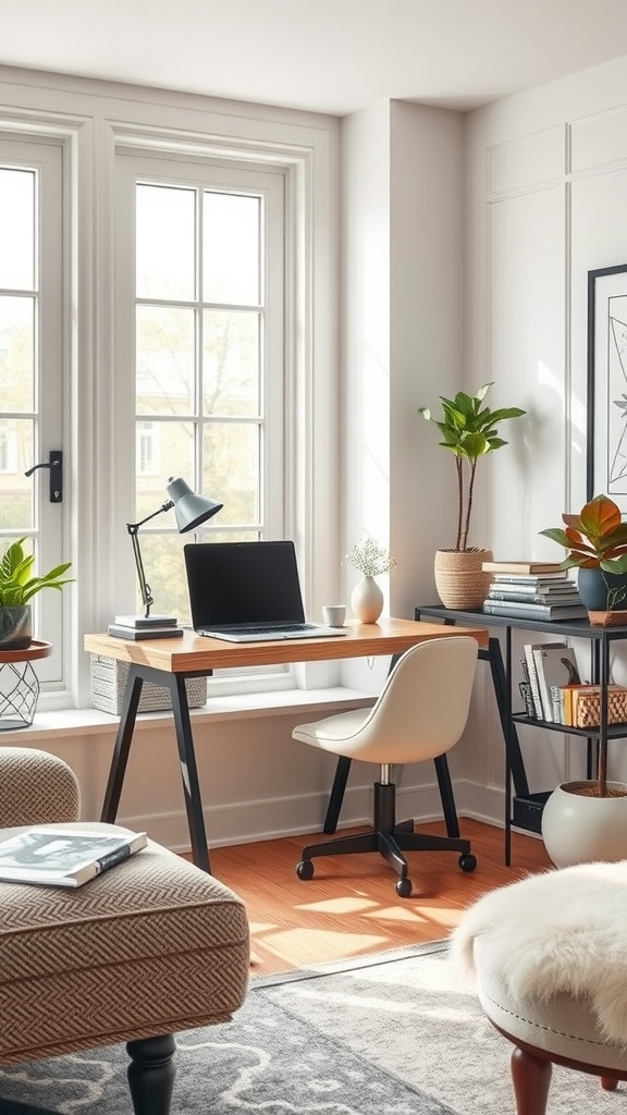 A stylish corner desk nook with a wooden desk, a comfortable chair, plants, and natural light.