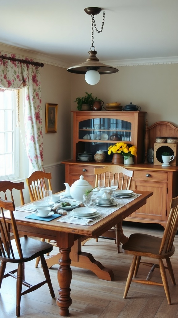 A cozy country cottage dining room with a wooden table, rustic chairs, and floral curtains.
