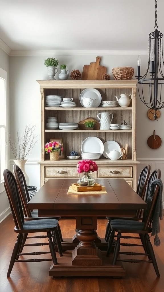 A rustic dining room featuring a distressed wood hutch filled with plates and decorative items, alongside a wooden table and chairs.