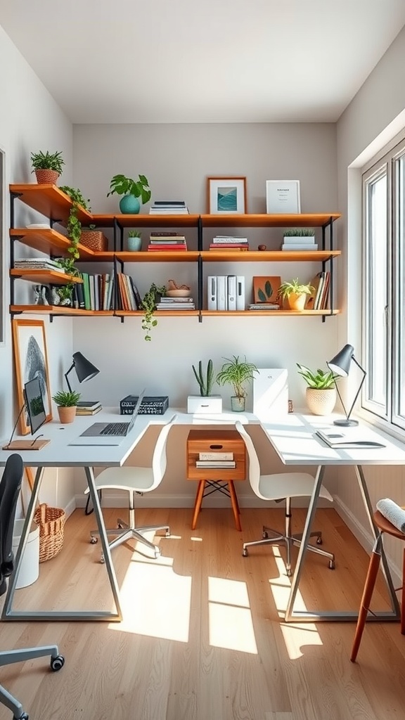 Double desk setup on a long wall with plants and shelves in a small home office