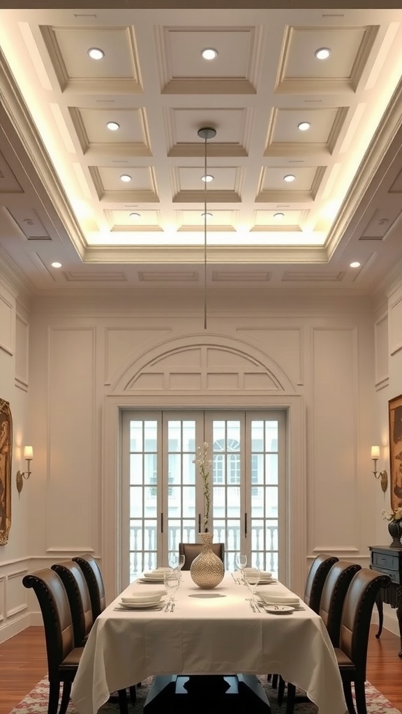 A dining room with coffered ceiling and recessed lights, elegantly set for dinner.