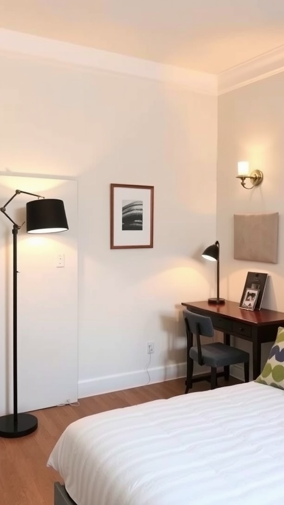 A well-lit room featuring a bed, desk, and two different types of lamps, showcasing layered lighting