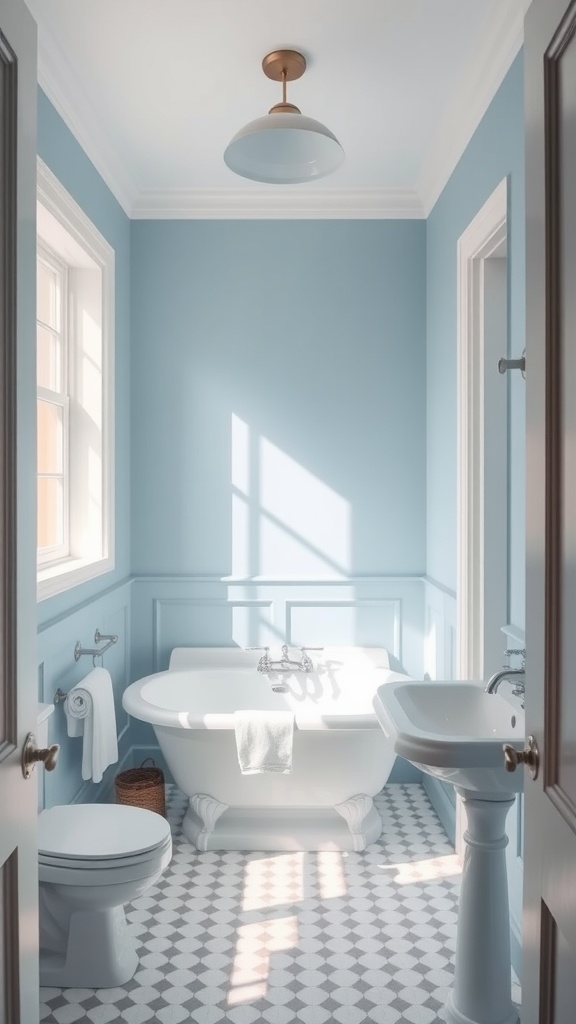 A small bathroom featuring light blue walls, white fixtures, and natural light