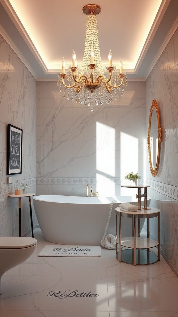 A luxurious bathroom featuring a stunning chandelier, elegant bathtub, and stylish decor.