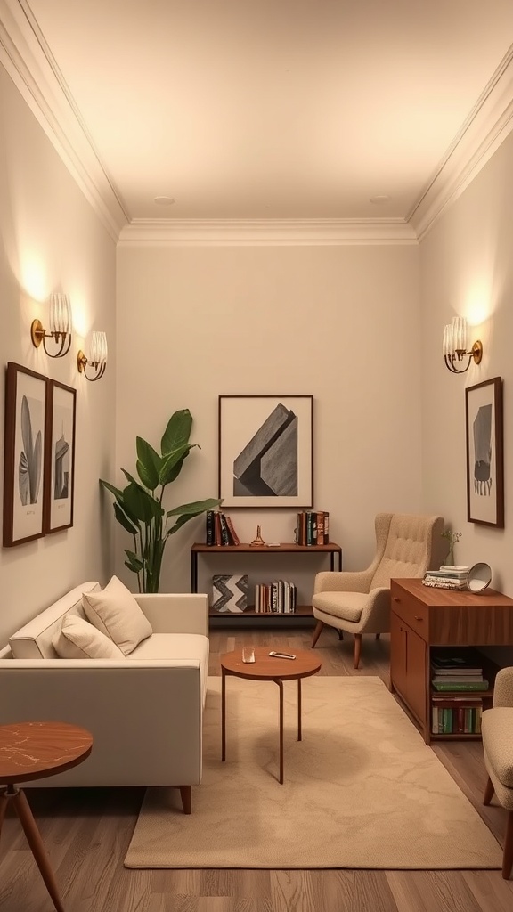 Cozy room with wall sconces, a couch, and shelves filled with books.