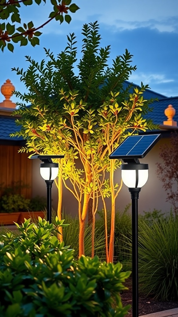 Two solar uplighting spotlights by Meihong illuminating a tree in an outdoor setting