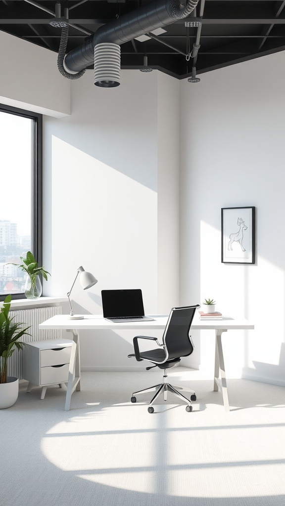 A minimalist office with a white desk, black chair, laptop, and natural light from large windows