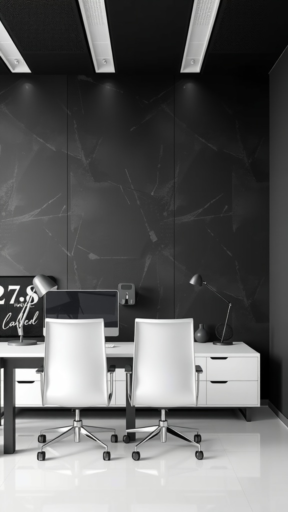 Minimalist office workspace with a textured black accent wall, white chairs, and modern desk