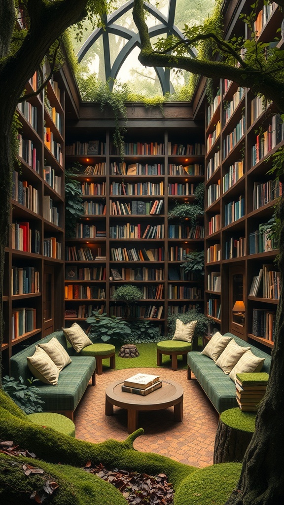 A cozy woodland reading sanctuary with bookshelves, plush seating, and greenery.