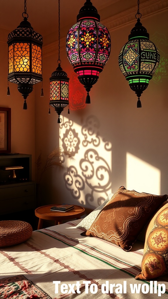 Moroccan-inspired lanterns in a cozy bedroom setting