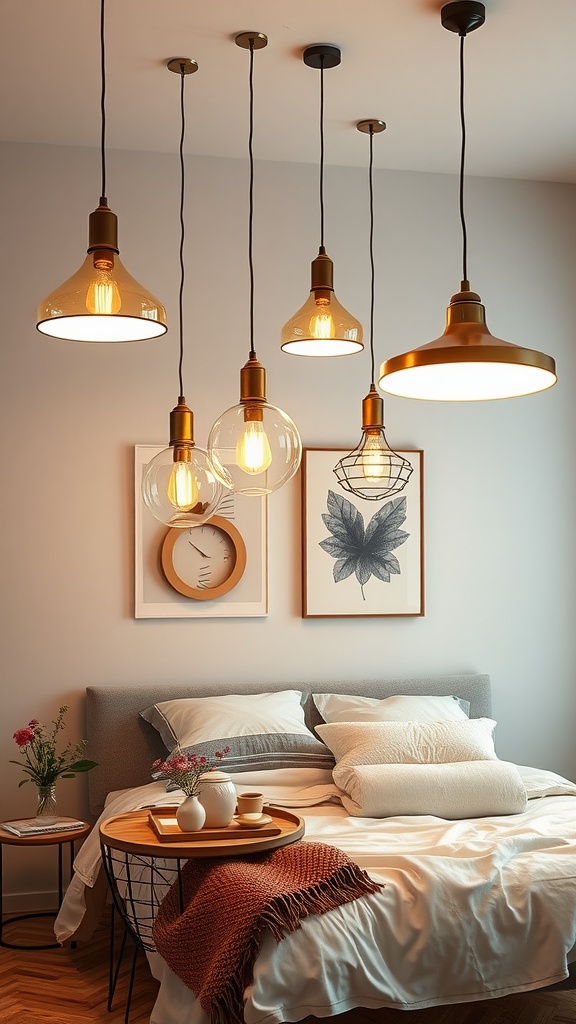 A cozy bedroom with various overhead LED pendant lights hanging above the bed, creating a warm atmosphere.