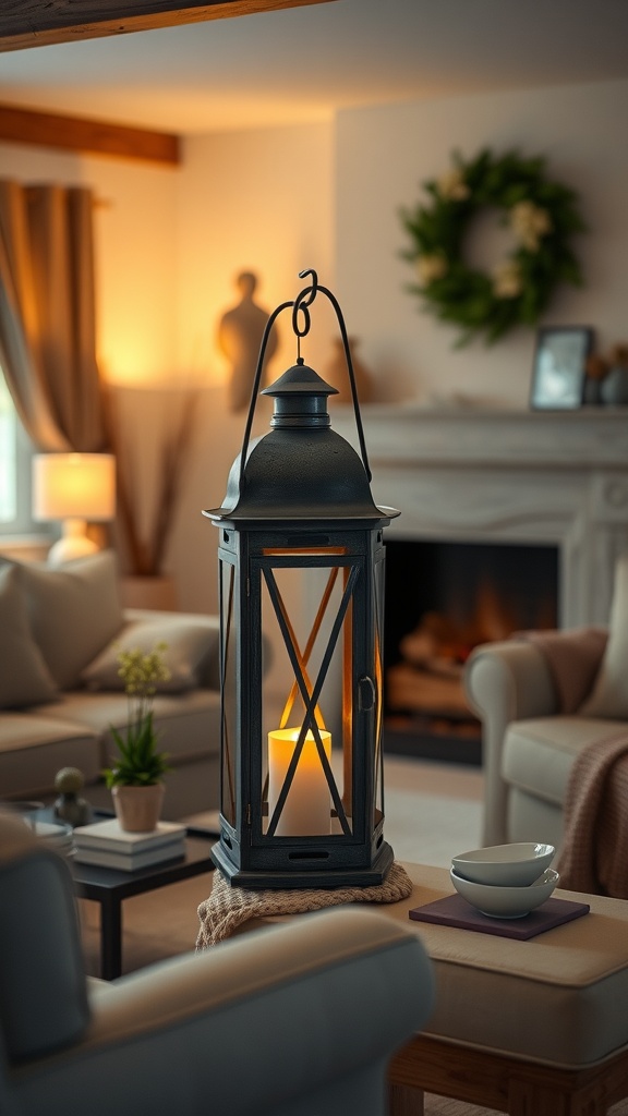 A rustic lantern illuminating a cozy living room with soft furnishings and warm lighting