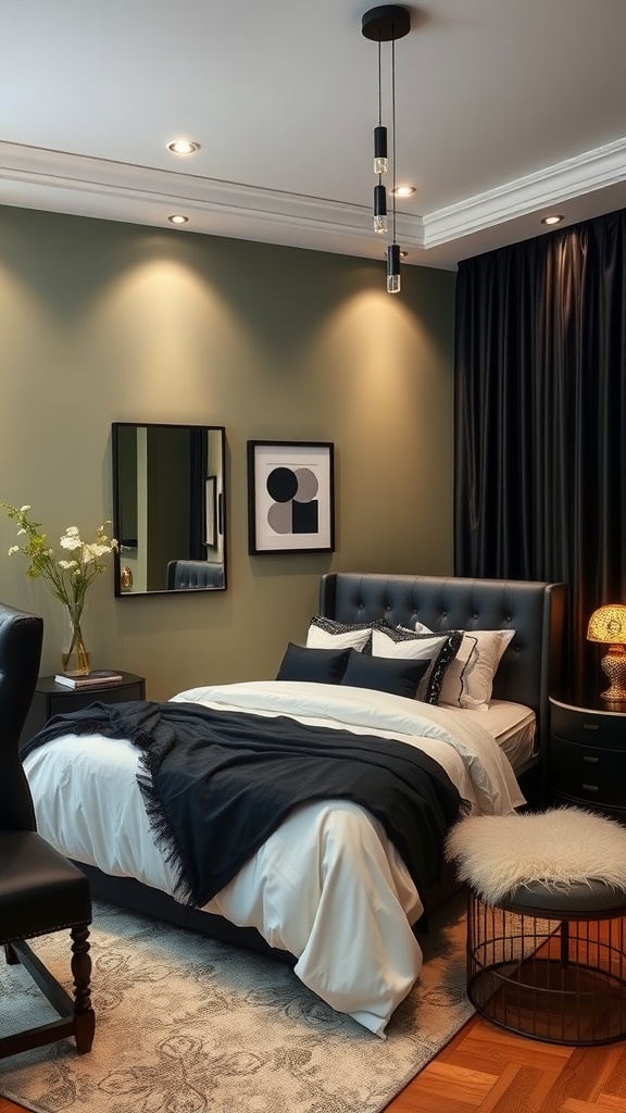 A modern bedroom featuring sage green walls and black accents, with a stylish black bed, white bedding, and elegant decor.