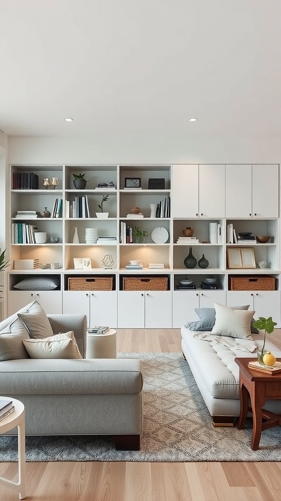 Stylish living room with a shelving unit and organized storage