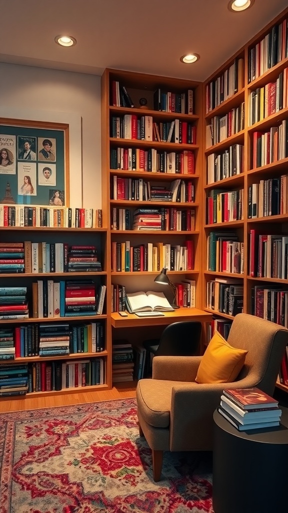 A multi-use home library featuring bookshelves, a reading chair, and a workspace.