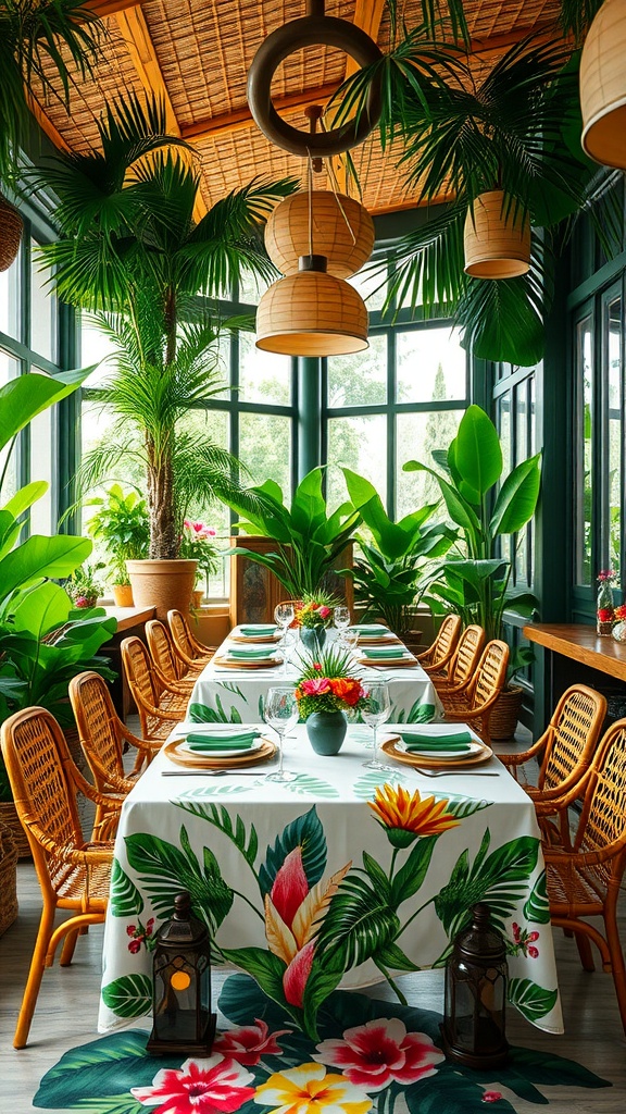 A tropical-inspired dining room featuring a large table set with a floral tablecloth surrounded by rattan chairs and lush green plants.