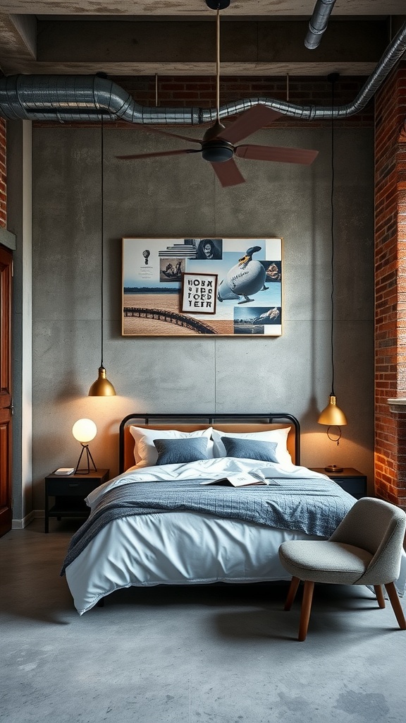 A modern industrial bedroom featuring concrete walls, wooden accents, and stylish lighting.