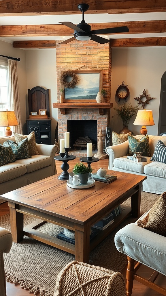 Cozy living room featuring a vintage distressed wood coffee table, warm tones, and rustic decor.