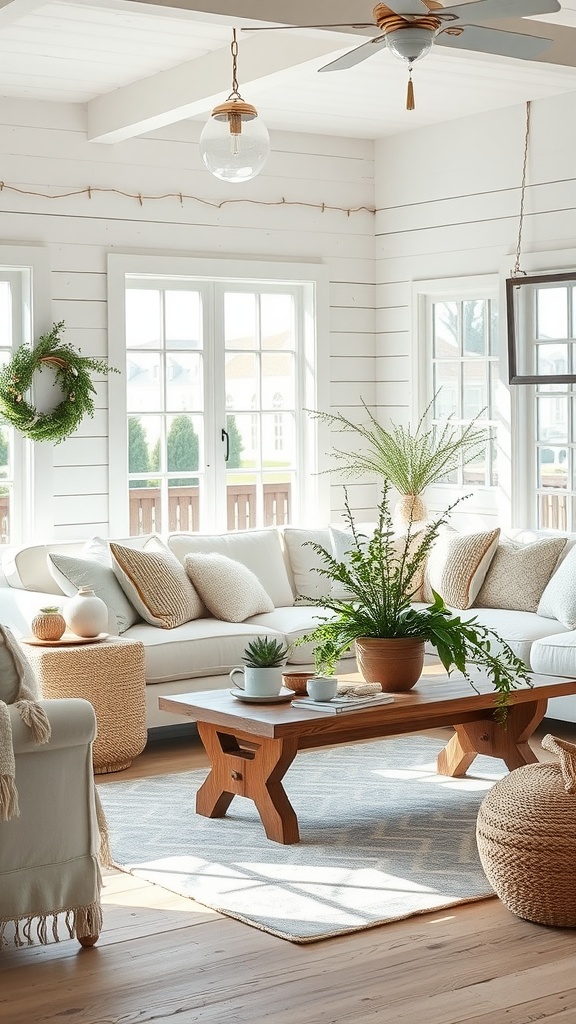 A bright and cozy rustic farmhouse living room with a white sectional sofa, wooden coffee table, and plants.