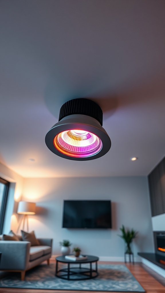 A modern 4-inch recessed light fixture with color-changing capabilities, installed in a stylish living room setting.