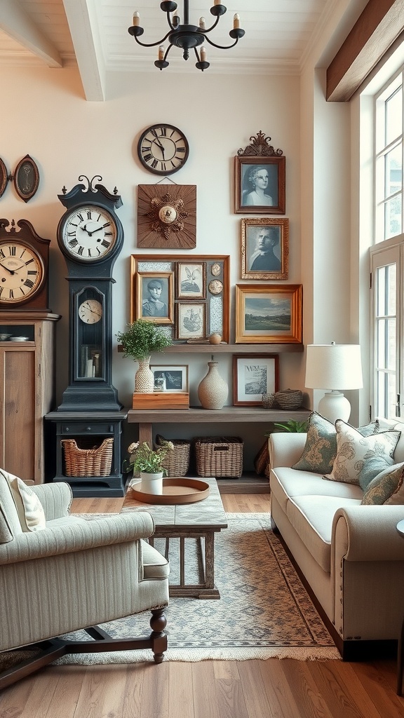 A cozy modern farmhouse living room with antique decor items including vintage clocks and framed photos.