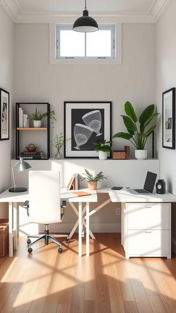 Home office with back-to-back desks and low partition, featuring natural light and plants.