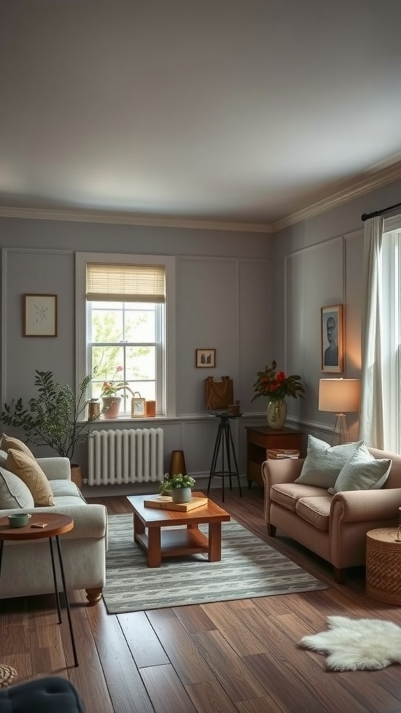 A cozy living room painted in light gray tone with wooden furniture and natural light.