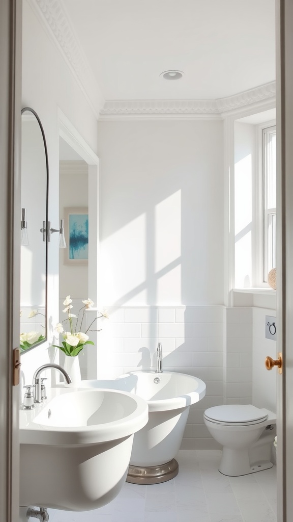 A bright and airy bathroom featuring white tiles, fixtures, and natural light.