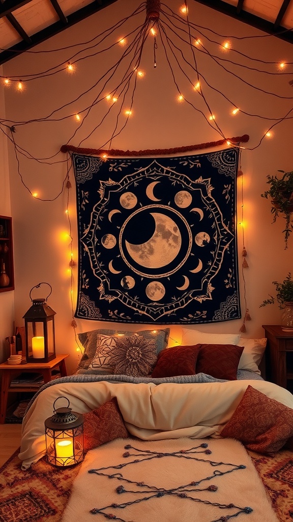 A cozy boho bedroom with fairy lights, a moon phase tapestry, and lanterns.