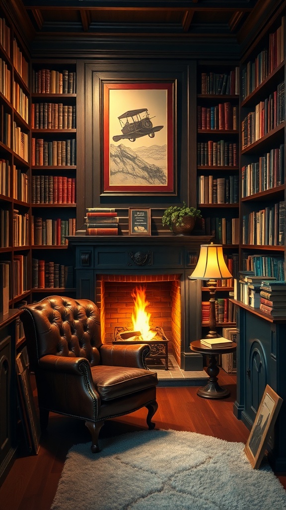 A classic library with dark wood shelves filled with books, a leather armchair, and a fireplace.
