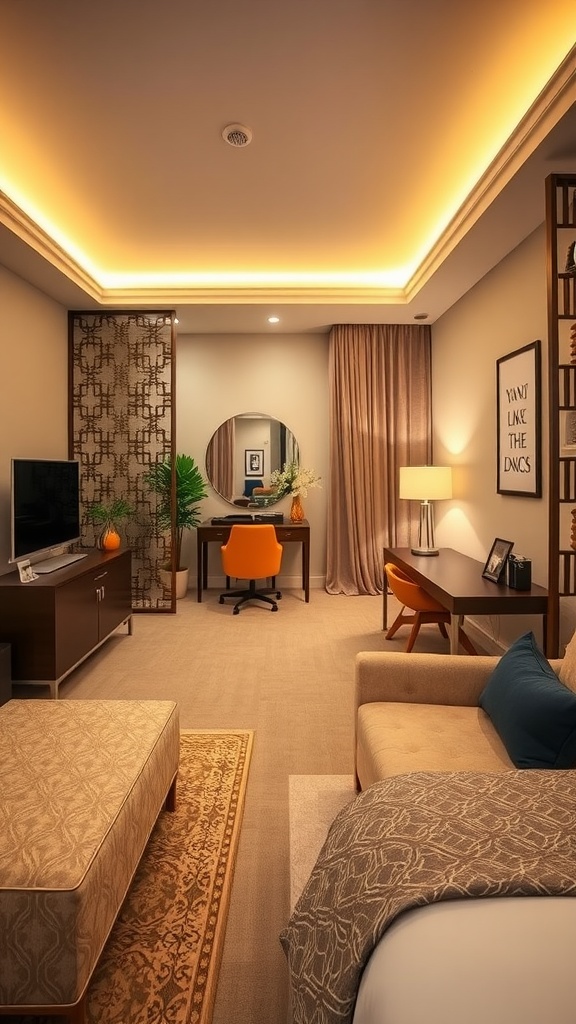 A beautifully designed room combining a guest bedroom and home office, featuring a cozy bed, a workspace with an orange chair, and a decorative screen dividing the areas.