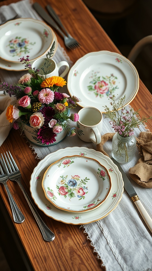 A rustic dining setup featuring floral patterned plates, cutlery, and a flower arrangement on a wooden table