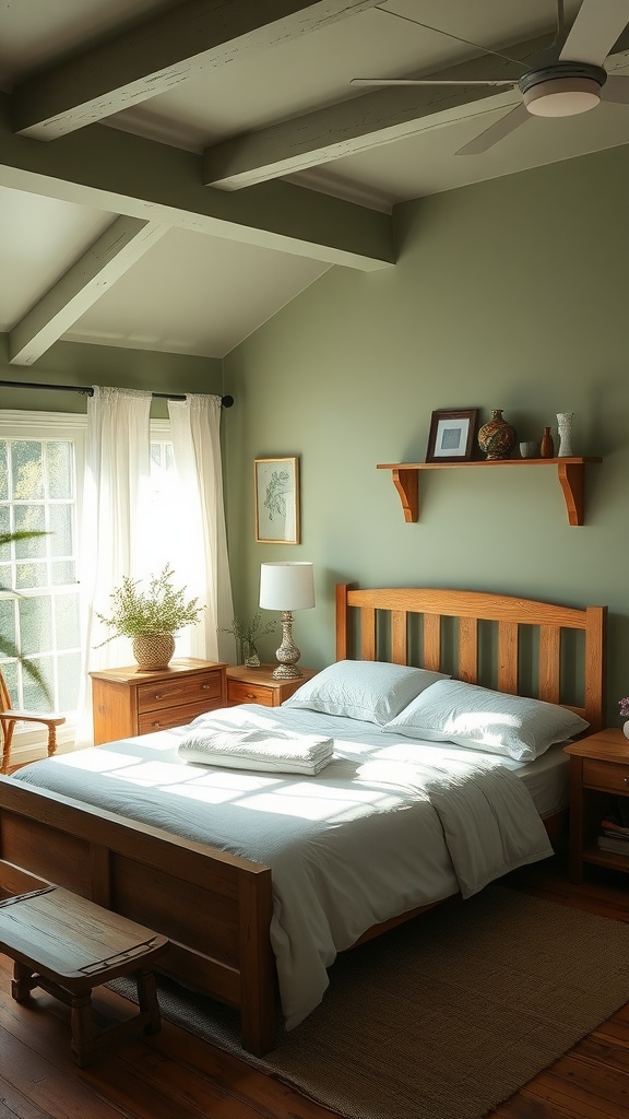 Farmhouse style bedroom with sage green walls, wooden furniture, and natural light